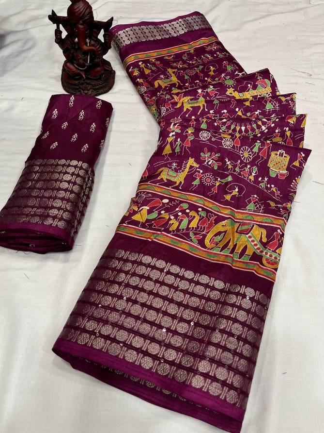 Wow Qalamkari Dola Silk With Jacquard Sequence Non Catalog Saree
